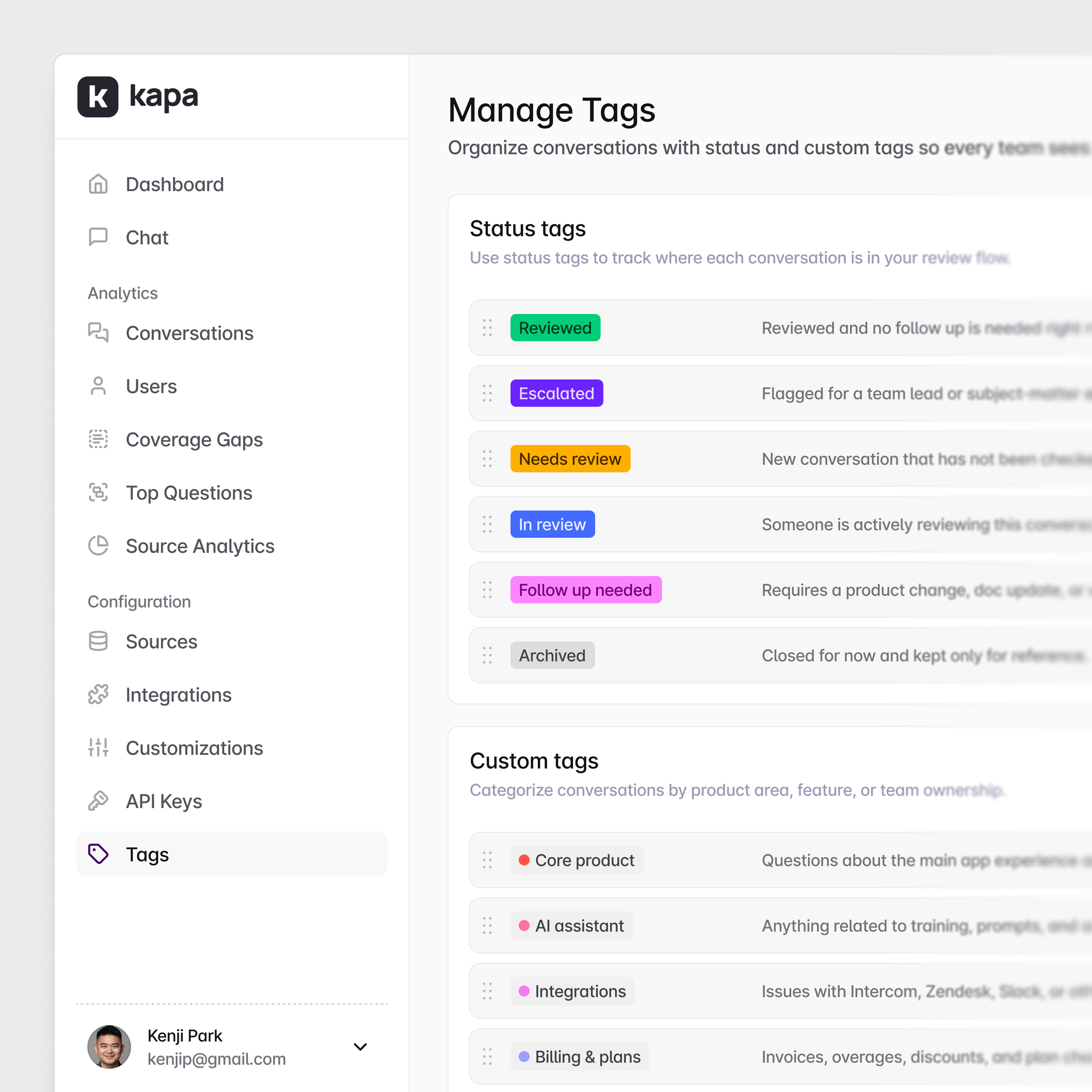 Kapa AI manage tags interface